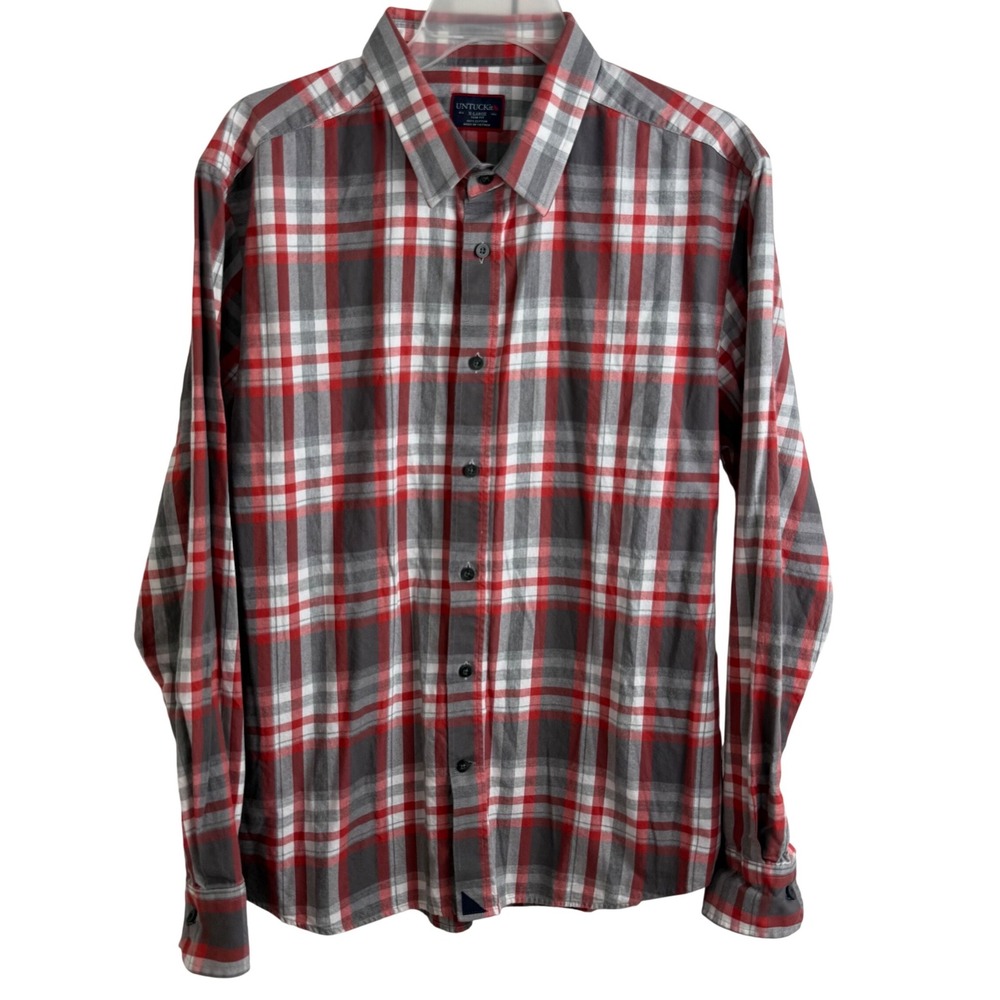 UNTUCKit‎ Men's X-Large Slim Fit Plaid Button Down Shirt Red Gray White